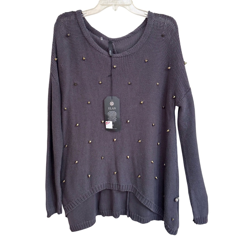 Elan Womens Gray Studded Cotton Knit Sweater High Low V-Neck Charcoal M NWT